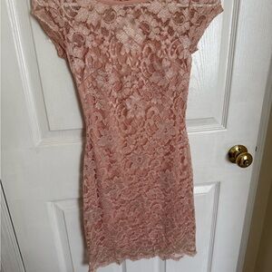 Lace Overlay Sheath Dress in Blush Pink